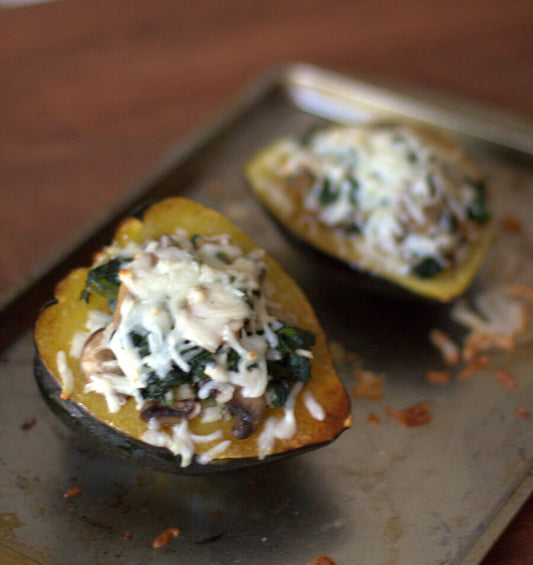 Stuffed Acorn Squash with Mushrooms, Spinach, & Rice